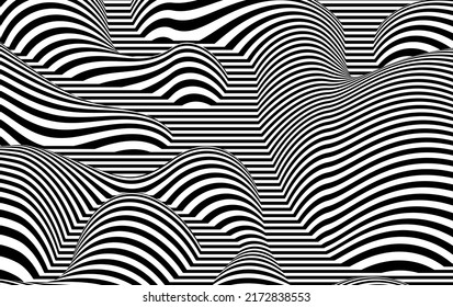 Abstract hypnotic pattern with black-white striped lines. Psychedelic background. Op art, optical illusion. Modern design, graphic texture.
