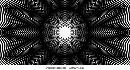 Abstract hypnotic pattern with black-white striped lines. Psychedelic background. Op art, optical illusion. Modern design, graphic texture