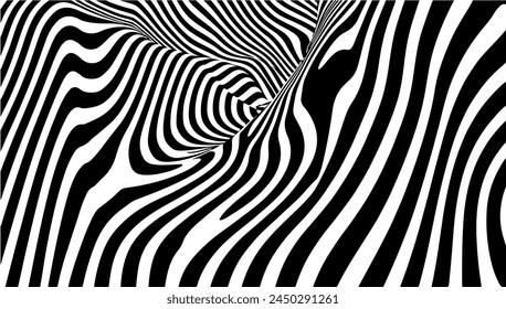 Abstract hypnotic pattern with black-white striped lines. Psychedelic background. Op art, optical illusion. Technology Half tone Pattern Background or modern design, graphic texture