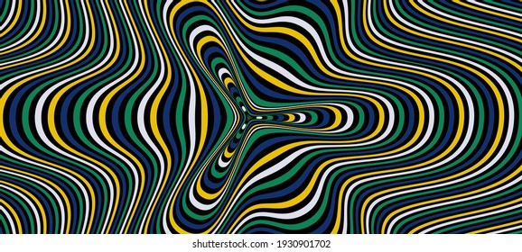 Abstract hypnotic pattern with multi-colored striped lines. Psychedelic background. Op art, optical illusion. Modern design, graphic texture.
