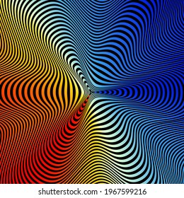 Abstract hypnotic pattern with multi-colored striped lines. Psychedelic background. Op art, optical illusion. Modern design, graphic texture.