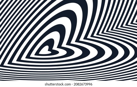 Abstract hypnotic pattern with ornament in the form of stripes repeating the shape of an endless heart. Optical illusion art. Valentine's day vector illustration. 