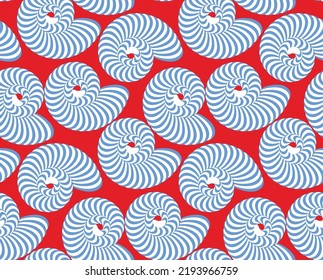 Abstract Hypnotic Sea Shells Vector Seamless Pattern Psychedelic Optical Illusion Design Perfect for Swimwear or Allover Fabric Print Wrapping Paper Red Blue Tones