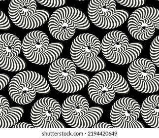 Abstract Hypnotic Sea Shells Vector Seamless Pattern Psychedelic Optical Illusion Design Perfect for Swimwear or Allover Fabric Print Wrapping Paper Black White Tones