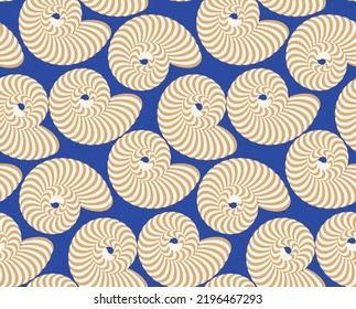 Abstract Hypnotic Sea Shells Vector Seamless Pattern Psychedelic Optical Illusion Design Perfect for Swimwear or Allover Fabric Print Wrapping Paper Royal Blue Sandy Brown Tones