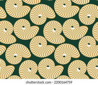 Abstract Hypnotic Sea Shells Vector Seamless Pattern Psychedelic Optical Illusion Design Perfect for Swimwear or Allover Fabric Print Wrapping Paper Dark Green Yellow Tones
