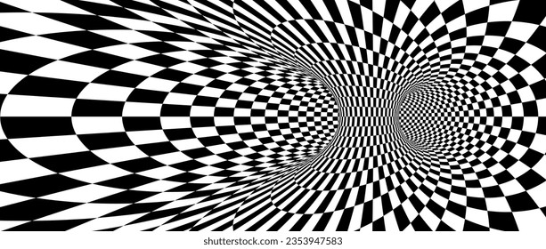 Abstract hypnotic spinning checkered background. Black and white check tunnel wallpaper. Psychedelic twisted square pattern. Rotating template for posters, banners, cover. Vector optical illusion