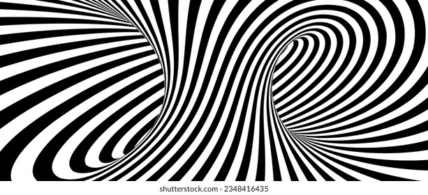 Abstract hypnotic spinning lines background. Black and white vertical tunnel wallpaper. Psychedelic twisted stripes pattern. Spiral rotating template for poster, banner, cover. Vector optical illusion