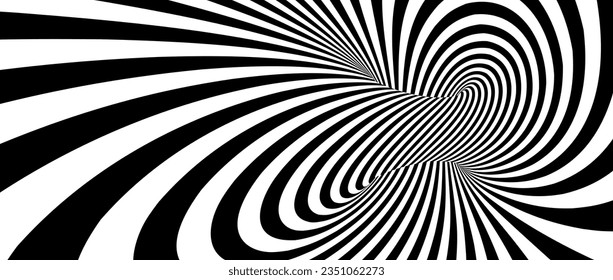 Abstract hypnotic spinning lines background. Black and white tunnel wallpaper. Psychedelic twisted stripes pattern. Rotating spiral knot template for poster, banner, cover. Vector optical illusion