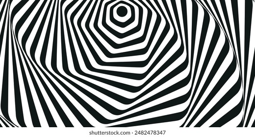 Abstract hypnotic spinning lines background. Black and white tunnel wallpaper. Psychedelic twisted stripes pattern. Rotating spiral knot template for poster, banner, cover. Vector optical illusion