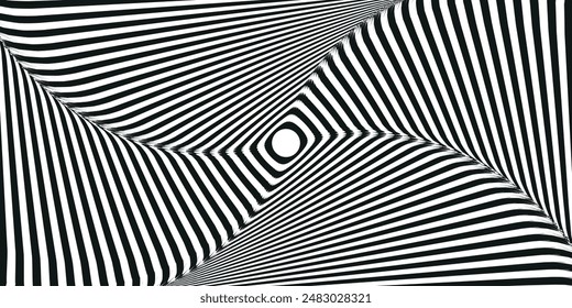 Abstract hypnotic spinning lines background. Black and white tunnel wallpaper. Psychedelic twisted stripes pattern. Rotating spiral knot template for poster, banner, cover. Vector optical illusion