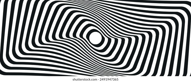 Abstract hypnotic spinning lines background. Black and white tunnel wallpaper. Psychedelic twisted stripes pattern. Rotating spiral knot template for poster, banner, cover. Vector optical illusion