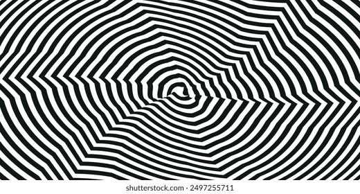 Abstract hypnotic spinning lines background. Black and white tunnel wallpaper. Psychedelic twisted stripes pattern. Rotating spiral knot template for poster, banner, cover. Vector optical illusion