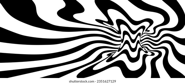 Resumen hipnótico fondo de ondas giratorias. Papel tapiz del túnel de línea blanca y negra. Patrón de rayas torcidas psicodélicas. Plantilla de espiral para afiches, banners, portada. Ilusión óptica del vector