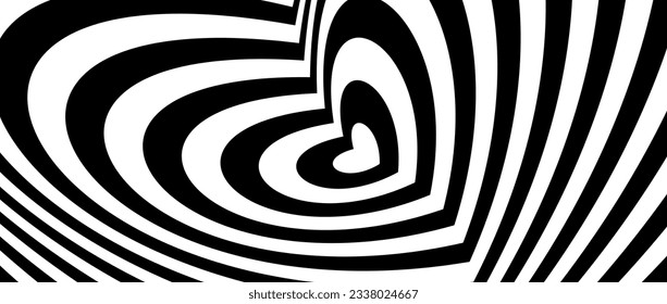 Abstract hypnotic tunnel heart background. Black and white optical illusion pattern. Heart-shaped op art design for poster, banner, template. Vector horizontal illustration wallpaper