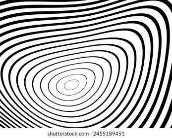 Abstract hypnotic wave pattern with black-and-white striped lines. Psychedelic background. Op art, optical illusion. Modern design, graphic texture.