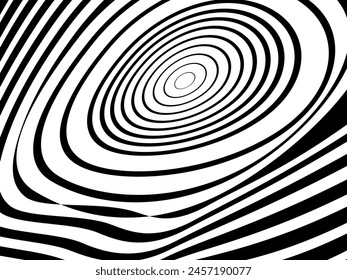 Abstract hypnotic wave pattern with black-and-white striped lines. Psychedelic background. Op art, optical illusion. Modern design, graphic texture.