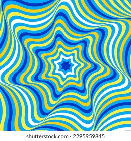 Abstract hypnotic, wavy background, waving lines illusion in Opt Art style. Vector illustration. Blue and yellow colors.