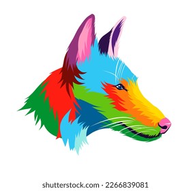 Abstract Ibizan Hound, Podenco ibicenco dog head portrait from multicolored paints. Colored drawing. Puppy muzzle portrait, dog muzzle. Vector illustration of paints