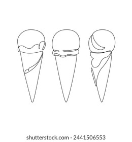 Abstract ice cream cone continuous one line drawing set isolated on white background. Hand drawn summer cold dessert minimal design art, confectionery concept. Vector illustration for restaurant menu