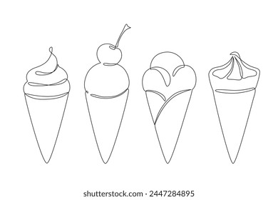 Conos de helado Abstractas conjunto de dibujo de una línea continua aislado sobre fondo blanco. Dibujado a mano de verano frío postre minimalista arte de diseño, concepto de confitería. Ilustración vectorial para el menú del restaurante