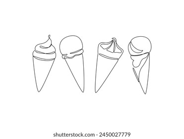 Abstract ice cream cones continuous one line drawing set isolated on white background. Hand drawn summer cold dessert minimal design art, confectionery concept. Vector illustration for restaurant menu