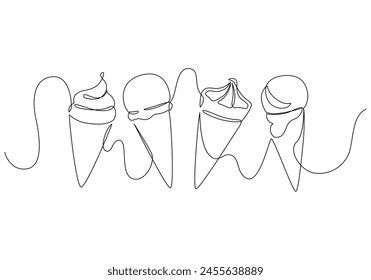 Abstract ice cream cones continuous one line drawing set isolated on white background. Hand drawn summer cold dessert minimal design art, confectionery concept. Vector illustration for restaurant menu