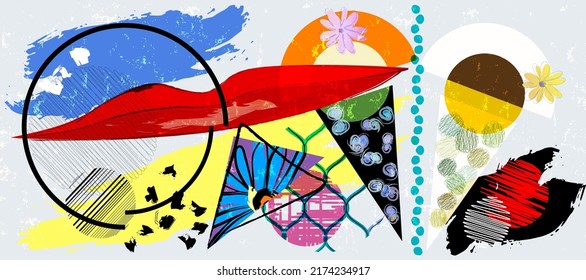 abstract ice cream, summer and cones, concept vector vintage art illustration