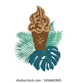 abstract ice cream with tropic green leaves, vector illustration