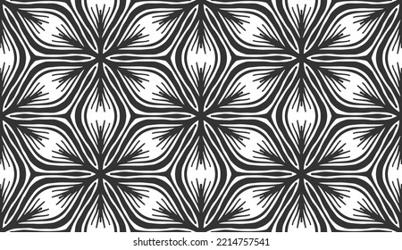 Abstract ice flower black seamless pattern. Snowflake wallpaper hexagonal texture. Monochrome stylized frozen leaves ornament. Geometric fashion fabric print. Repeating decorative winter background