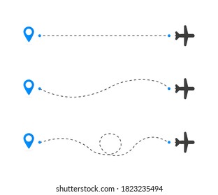 Abstract icon with black airplane route line on white background for concept design. Abstract background. Travel concept. Vector illustration.
