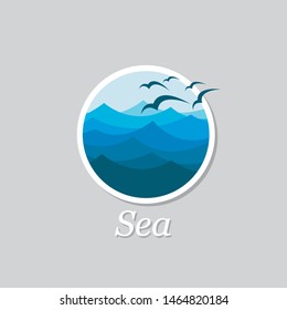 abstract icon of blue ocean waves and seagulls