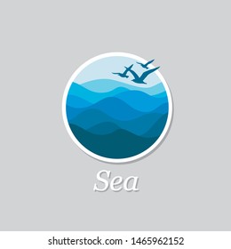 abstract icon of blue ocean waves and seagulls