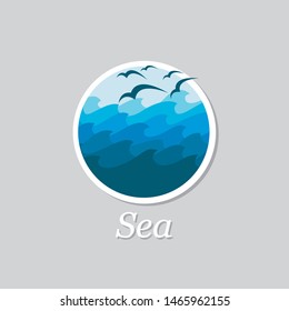 abstract icon of blue ocean waves and seagulls