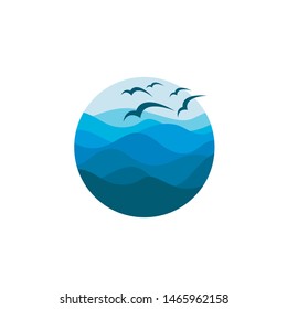 abstract icon of blue ocean waves and seagulls