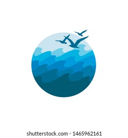 abstract icon of blue ocean waves and seagulls