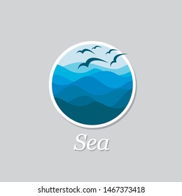 abstract icon of blue ocean waves and seagulls