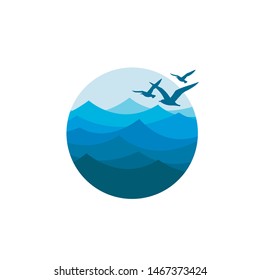 abstract icon of blue ocean waves and seagulls