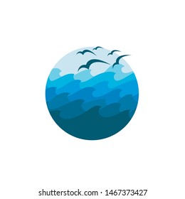 abstract icon of blue ocean waves and seagulls