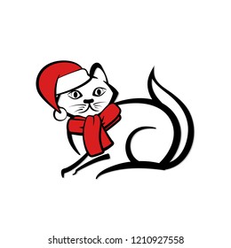 Abstract icon of a cat with red scarf and cap. Black and white pet logo. Vector illustration.