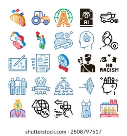 Abstract icon collection featuring various concepts from artificial intelligence and business hierarchy to societal issues like racism and global industry concerns. Representing a wide range of topics