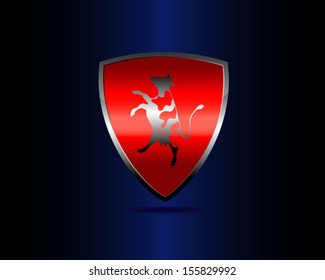 abstract icon as cow on the red shield on the dark background