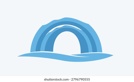 Abstract icon depicting a blue multi-layered arch structure or stone bridge over flowing water waves.