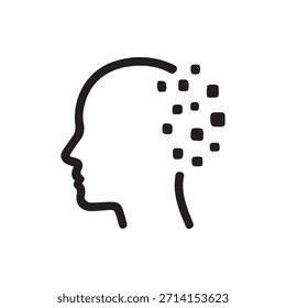 Un icono abstracto que representa una cabeza humana con partes del cerebro rompiendo en píxeles digitales que representan la pérdida de memoria, el deterioro cognitivo o la inteligencia artificial