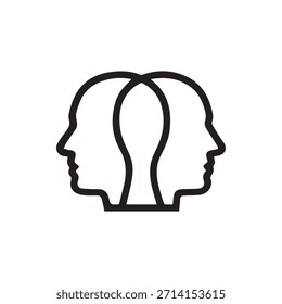 Um ícone abstrato representando dois perfis da cabeça humana voltados um para o outro, simbolizando dualidade, contraste, psicologia e pensamentos interconectados.
