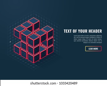 Abstract icon of digital cubes, concept of compilation of a software product,  isometric vector illustration  
