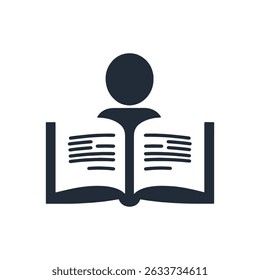 Abstract icon of a figure reading a book, symbolizing knowledge, study, research, and education in modern flat style icon