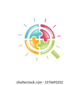 Abstract icon for finding solutions, illustrated with magnifying glass and puzzle pieces.	