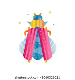 Abstract icon of flying beetle with pink and blue wings. Flat vector design with bright gradients and texture for postcard, print or poster