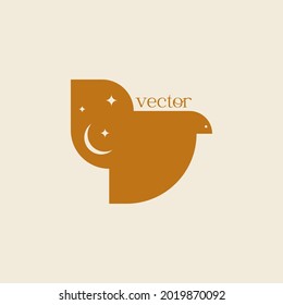 Abstract icon of a flying bird. Logo of a bird with a moon and stars in boho style. Isolated Vector Illustration